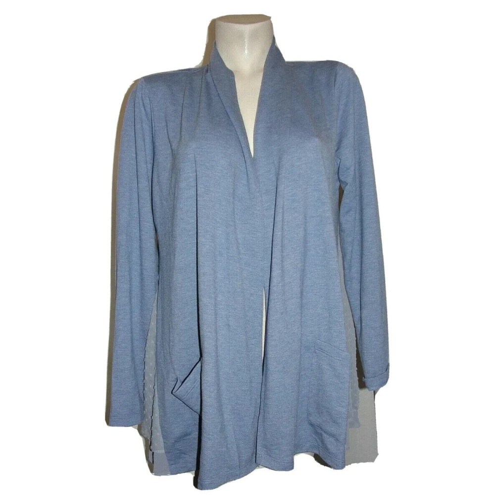 Logo Lounge Lori Goldstein Blue Heather Open Front Cardigan Swiss Dot Hem M